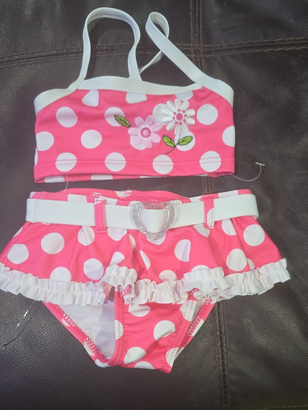 Penelope Mack Pink and White Polka Dot Girls Bikini Set with Heart Belt